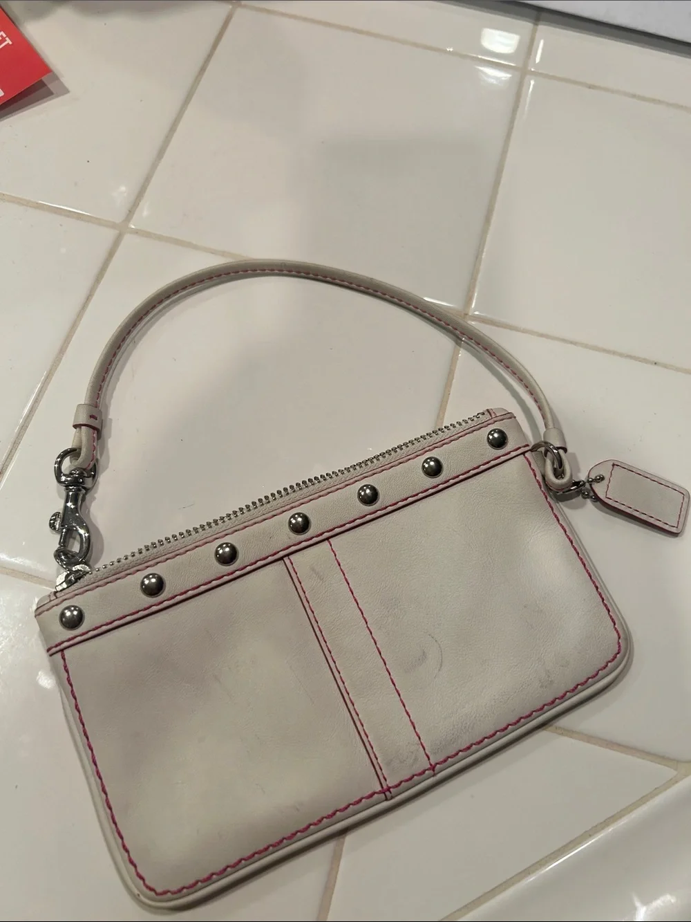 Coach White Leather Wristlet with Layered Pink & Red Heart